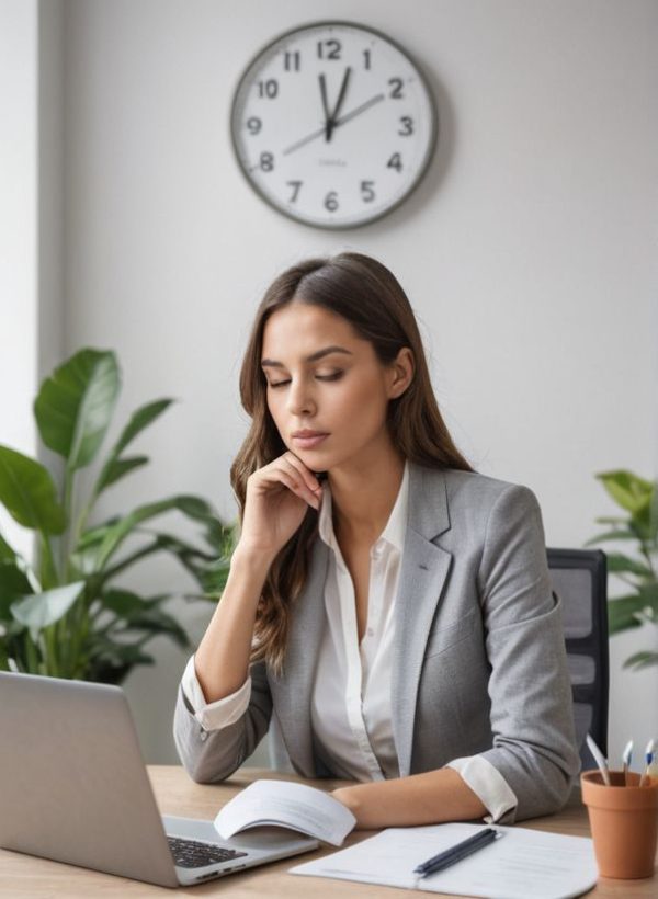 a green working space with laptop, notes, plants, computer